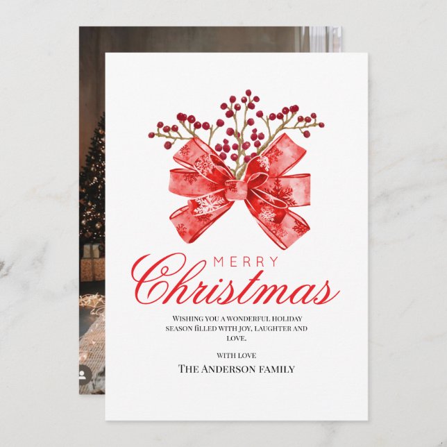Red Elegant Script Merry Christmas Bow Holiday Card (Front/Back)
