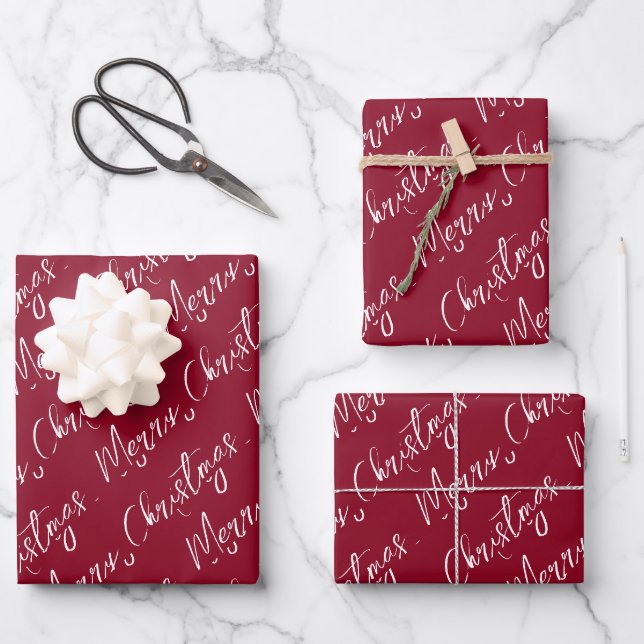 Red Elegant Script Merry Christmas Wrapping Paper Sheet (Front)