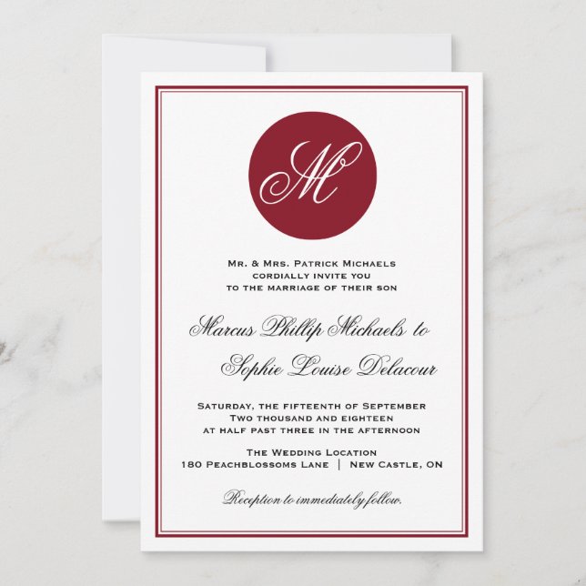 Red Elegant Script Monogram Wedding Invitation (Front)