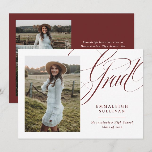 Red Elegant Script Photo Graduation Announcement (Front/Back)