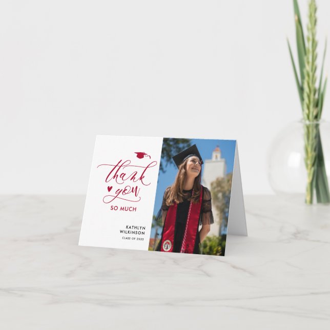 Red Elegant Script Photo Minimalist Graduation Thank You Card (Front)