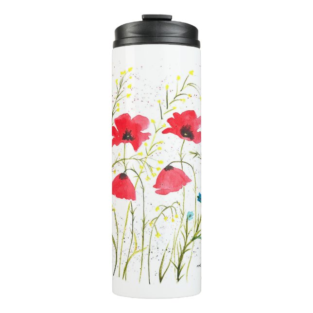 Red elegant Simple watercolor poppies flowers Thermal Tumbler (Front)