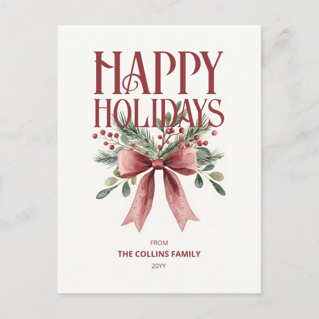 Red Elegant Watercolor Bow Rustic Happy Holidays Holiday Postcard (Front)
