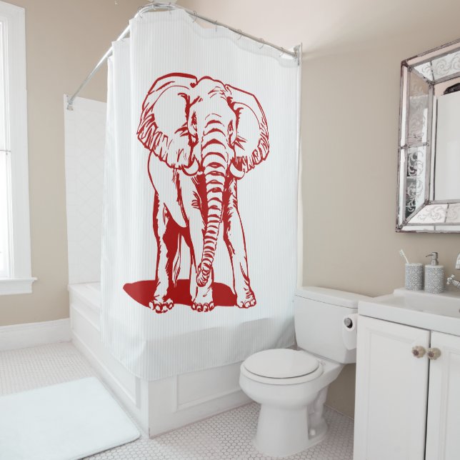 Red Elephant And White Stripes Shower Curtain (In Situ)