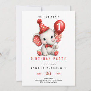 Red Elephant First Birthday Invitation