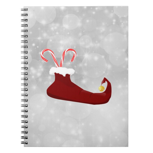 Red Elf Shoe with Candy Canes on Bokeh Background Notebook (Front)