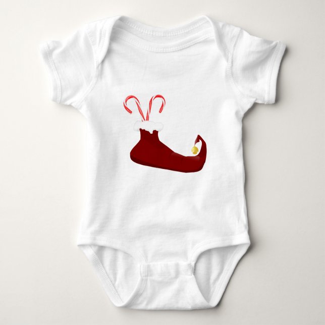 Red Elf Slipper with Candy Canes Baby Bodysuit (Front)