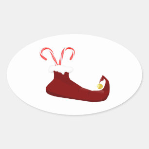 Red Elf Slipper with Candy Canes Oval Sticker