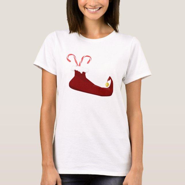 Red Elf Slipper with Candy Canes T-Shirt (Front)
