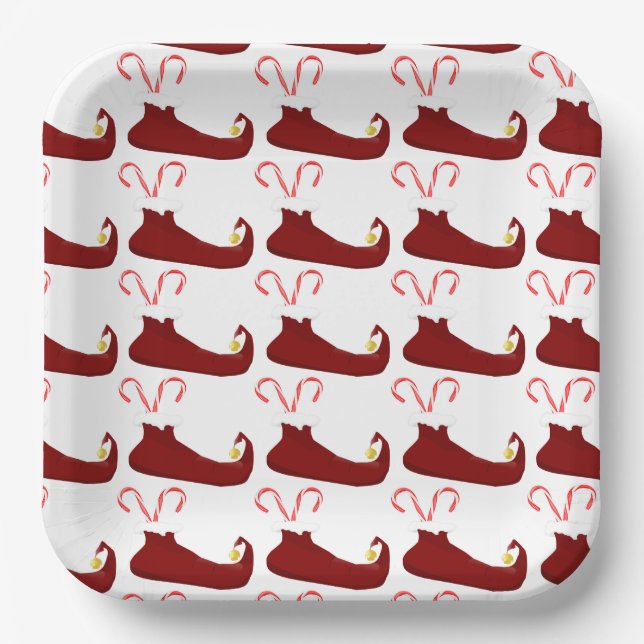 Red Elf Slippers with Candy Canes Square Paper Plate (Front)