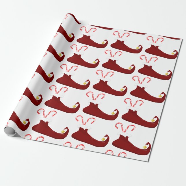 Red Elf Slippers with Candy Canes Wrapping Paper (Unrolled)