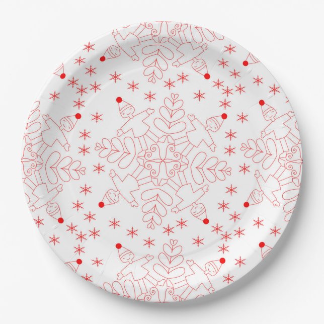 Red elves and snowflake pattern paper plate (Front)