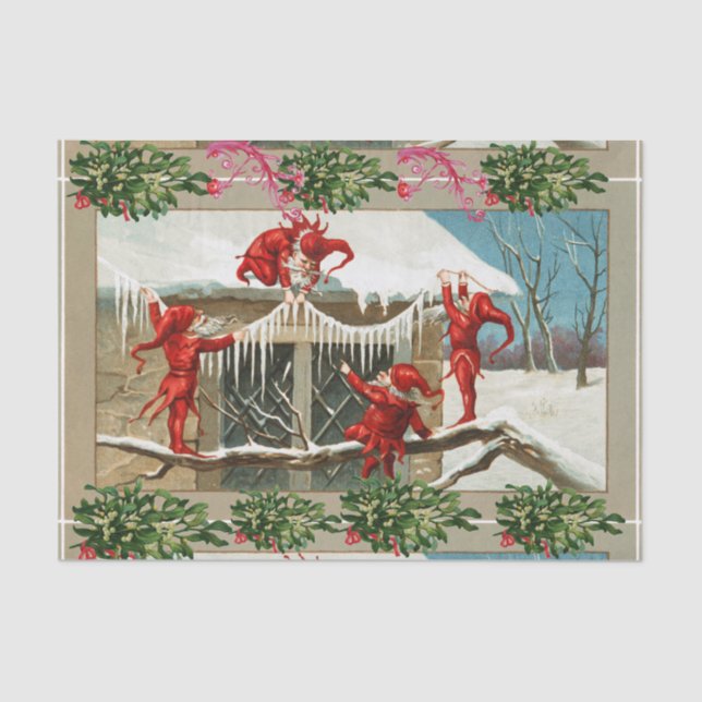 RED ELVES,CHRISTMAS DECOR WITH ICICLES Mistletoes Tissue Paper (Front)