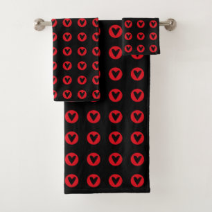 Red Emblem Heart Pattern on Deep Black Bath Towel Set