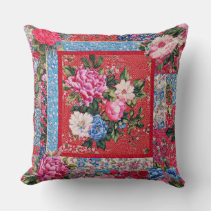 Red Embroidered-look Chinoiserie Peony Patchwork  Cushion