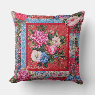 Red Embroidered-look Chinoiserie Peony Patchwork  Cushion