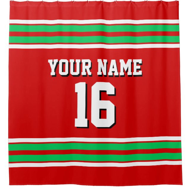 Red Emerald Green White Stripes Sports Jersey Shower Curtain (Front)