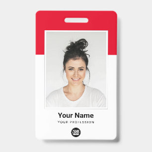 Red Employee huge Photo Qr Bar Code Logo Name ID Badge