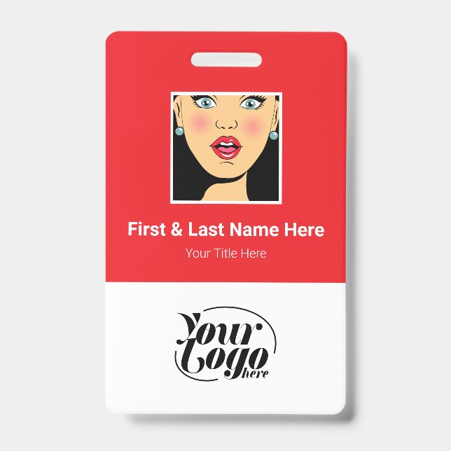 Red Employee Photo, qr Code, Logo, Name ID Badge (Front)