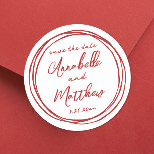 Red Engagement Handwritten Save The Date Classic Round Sticker