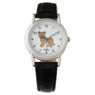 Red English Staffie Cute Cartoon Dog & Name Watch