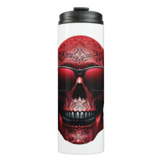 Red engraved metallic 3D skull wearing sunglasses Thermal Tumbler