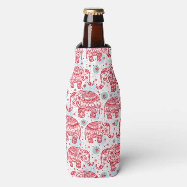 Red Ethnic Elephant Pattern Bottle Cooler (Bottle Front)
