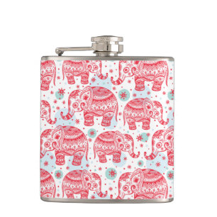 Red Ethnic Elephant Pattern Hip Flask