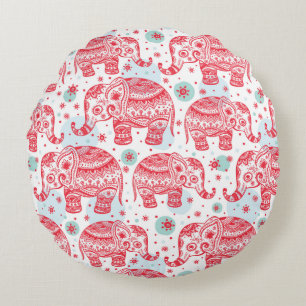 Red Ethnic Elephant Pattern Round Cushion