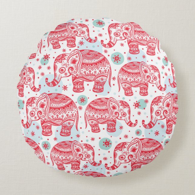 Red Ethnic Elephant Pattern Round Cushion (Front)
