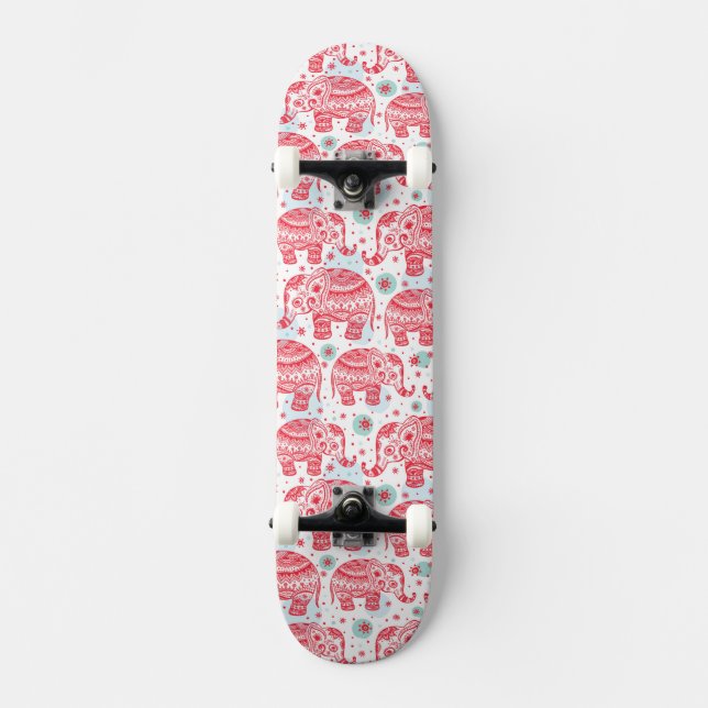 Red Ethnic Elephant Pattern Skateboard (Front)