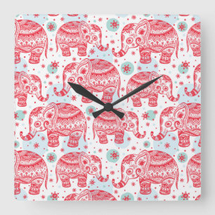 Red Ethnic Elephant Pattern Square Wall Clock
