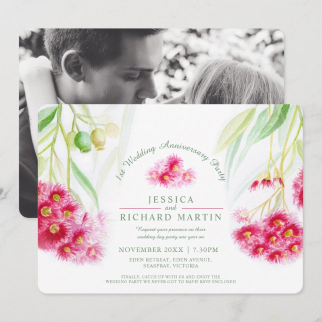 Red eucalyptus gumnut watercolor 1st wedding party invitation (Front/Back)