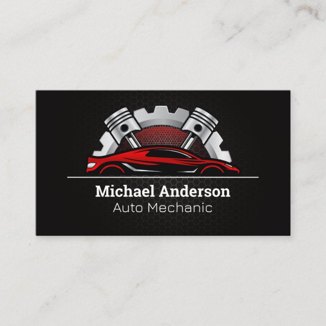 Red Exotic Sports Car | Pistons and Gear Business Card (Front)