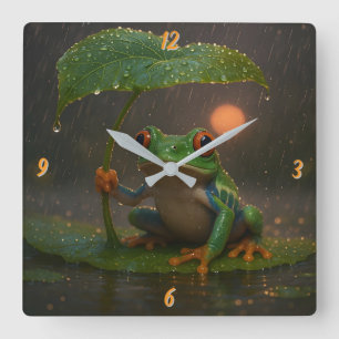 Red Eyed Tree Frog Leaf Umbrella in Rain Square Wall Clock