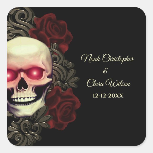 Red eyes floral dark moody gothic skull halloween square sticker (Front)