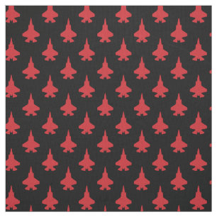 Red F-35 Lightning Fighter Jet Pattern on Black Fabric