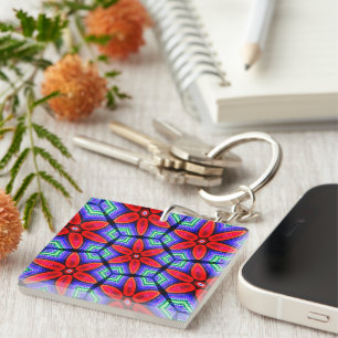 Red Fabrics Flowers Pattern Key Ring
