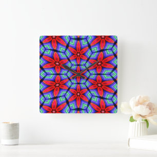 Red Fabrics Flowers Pattern Square Wall Clock