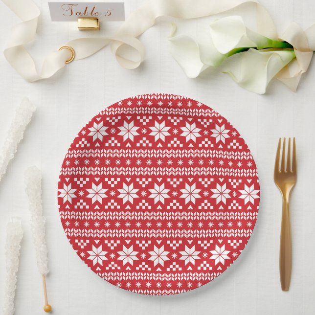 Red Fair Isle Christmas Sweater Pattern Paper Plate (Wedding)