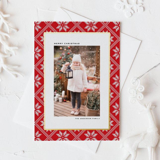 Red Fair Isle Knit Pattern Photo Christmas Foil Holiday Postcard (Red Fair Isle Knit Pattern Photo Christmas Foil Holiday Postcard)
