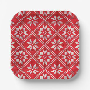Red Fair Isle Sweater Knit Pattern Christmas Paper Plate