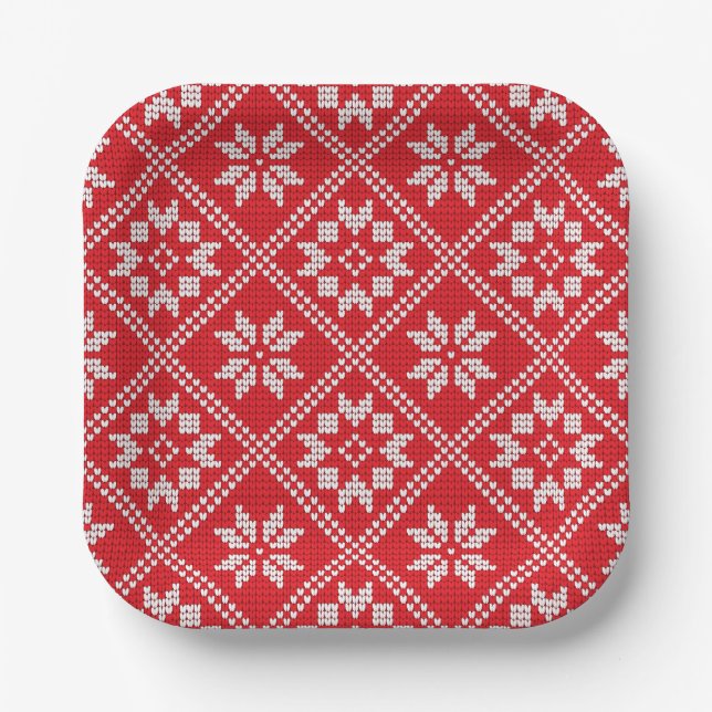 Red Fair Isle Sweater Knit Pattern Christmas Paper Plate (Front)