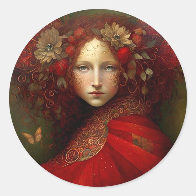 Red Fairy Fantasy Art Classic Round Sticker (Front)