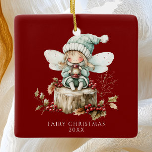 Red Fairy Merry Christmas Ceramic Ornament