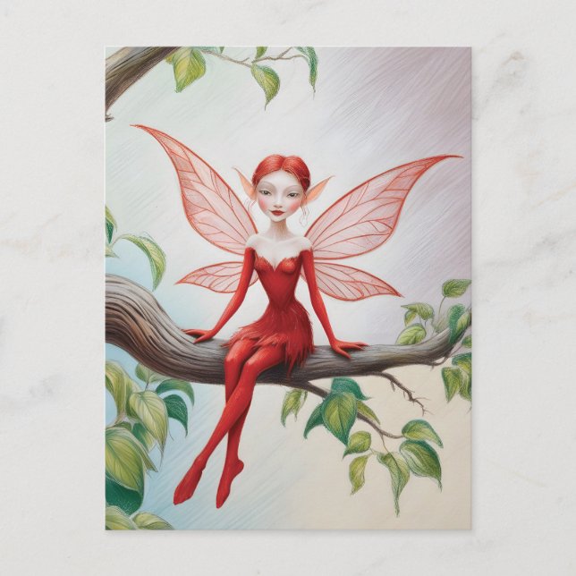 Red Fairy on a Limb Coloured Pencil Sketch Postcard (Front)