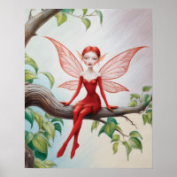 Red Fairy on a Limb Coloured Pencil Sketch