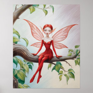 Red Fairy on a Limb Coloured Pencil Sketch Poster