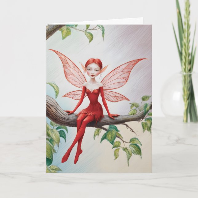 Red Fairy on a Limb "Happy Birthday!" Card (Front)