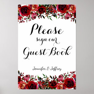 Red Fall Autumn Floral Wedding Guest Book Sign